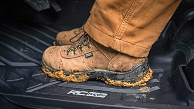 Muddy boots on Flex Fit Floor Mats from Rough Country