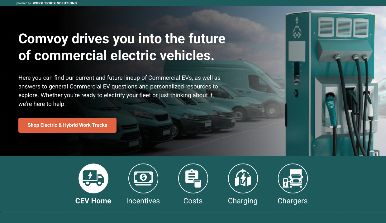 Homepage for Commercial Electric Vehicle Hub on Comvoy