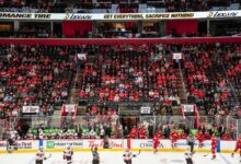 Detroit Red Wings players on the ice with crowd in background