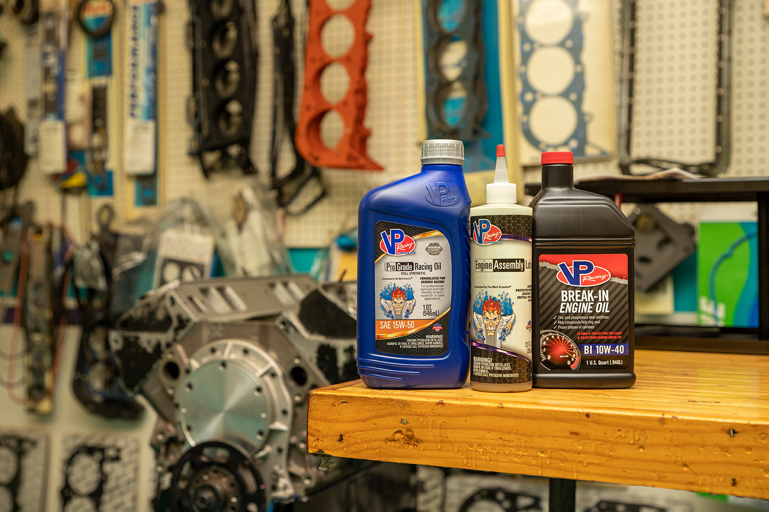 VP Racing products on table in auto shop