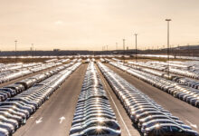 Volkswagen New cars parked in a distribution center on a sunny evening in the autumn