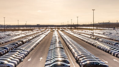 Volkswagen New cars parked in a distribution center on a sunny evening in the autumn