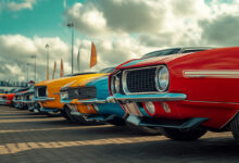 A display of the front of classic muscle cars at a local car meet.