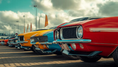 A display of the front of classic muscle cars at a local car meet.