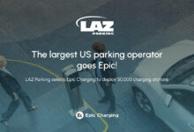 LAZ Parking and Epic Charging logos over image of person charging EV