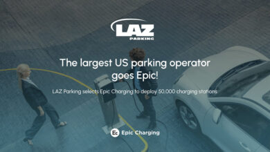 LAZ Parking and Epic Charging logos over image of person charging EV