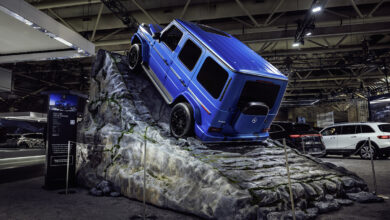 The Mercedes-Benz G 580 with EQ Technology at CIAS, displayed on 11.5-foot-high, 100% grade mountaintop