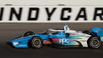 PPG logo on No 2 Team Penske Chevrolet racing on track