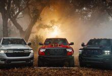 Three Ram trucks in the woods in Super Bowl commercial