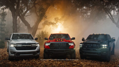 Three Ram trucks in the woods in Super Bowl commercial