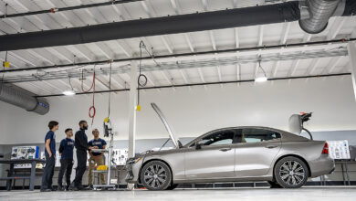 Students working on car in shop classroom