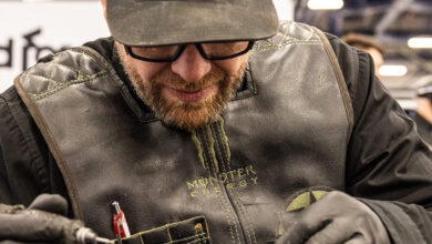 Hank Robinson, renowned engraver, at work