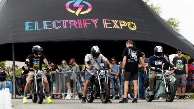 Lineup of e-bikes with riders at Electrify Expo Orlando 2024