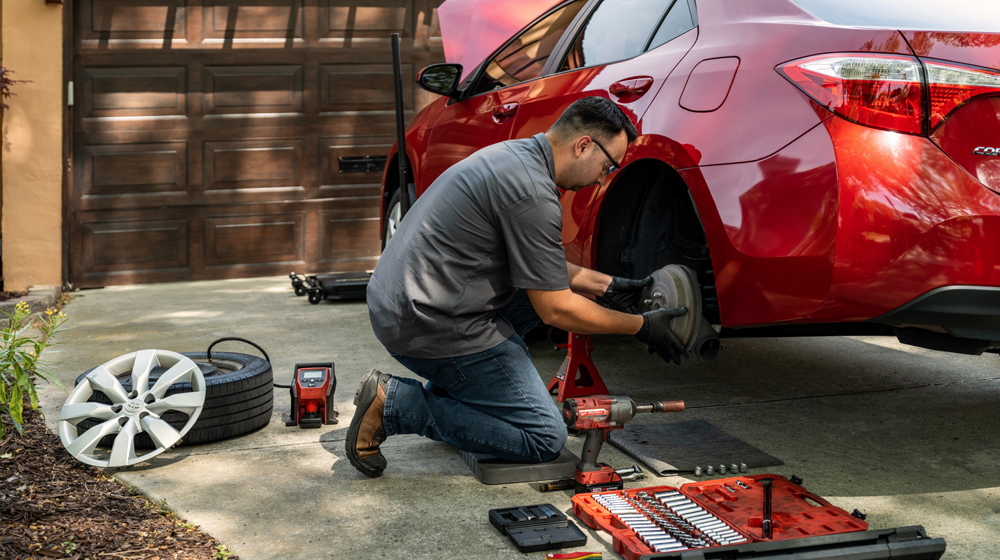 Mechanic fixing a red car in driveway