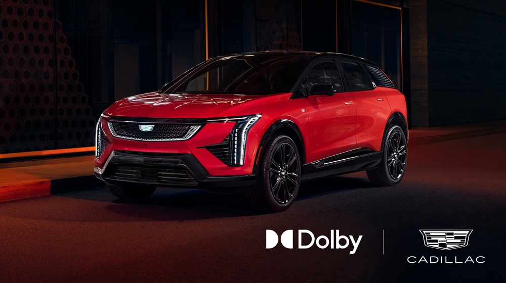 Red Cadillac EV with Dobly and Cadillac logos