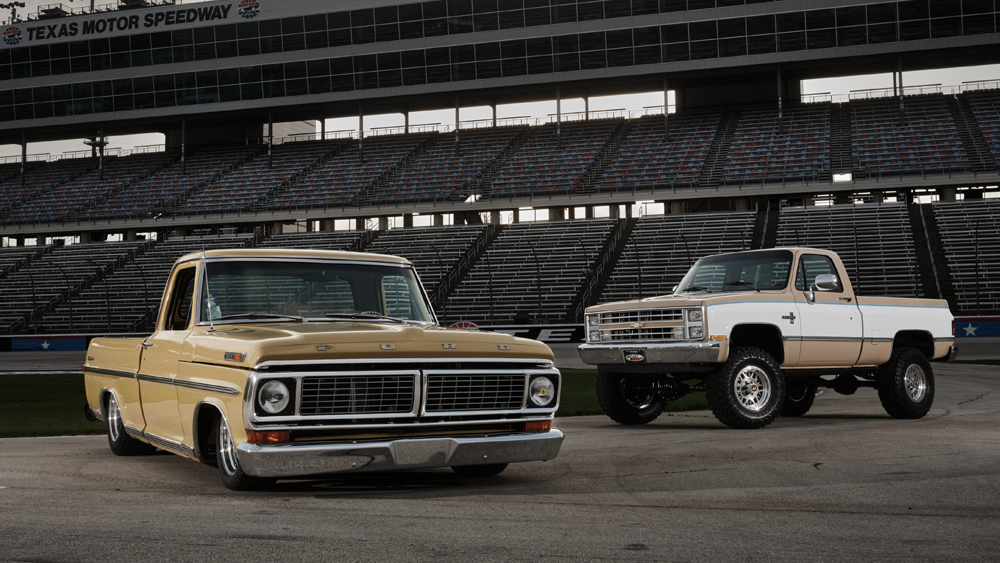 Two trucks parked at Texas Motor Speedway