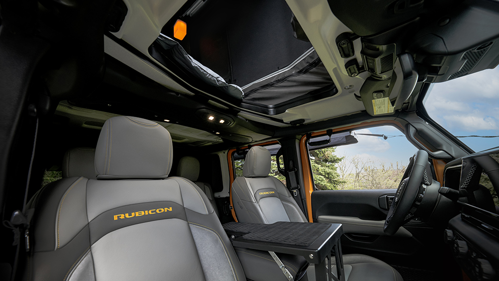 Awning and Rooftop Tent on Jeep Wrangler 4xe Sunchaser concept from the interior