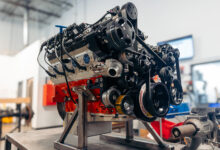BluePrint V-8 engine on table in shop