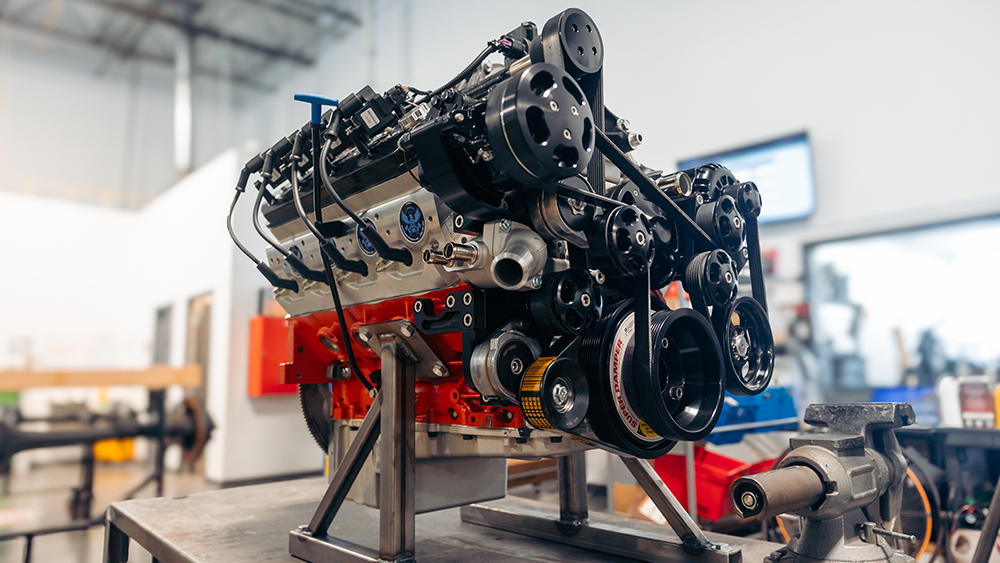 BluePrint V-8 engine on table in shop