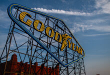 Goodyear Sign Akron with sky in background
