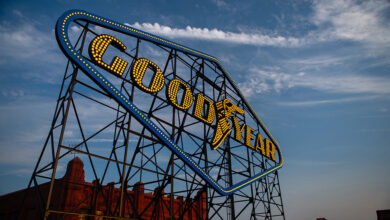 Goodyear Sign Akron with sky in background