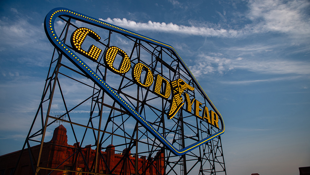 Goodyear Sign Akron with sky in background