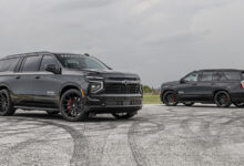 Hennessey H600 Chevrolet Tahoe and Suburban parked on pavement with skid marks