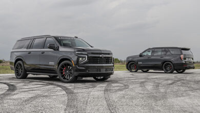 Hennessey H600 Chevrolet Tahoe and Suburban parked on pavement with skid marks