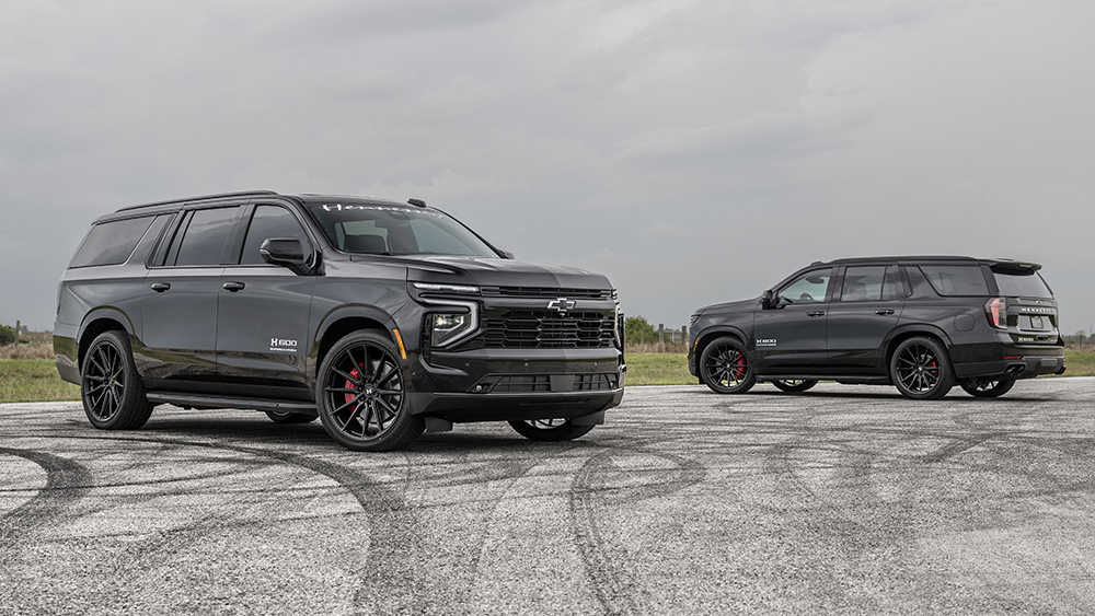 Hennessey H600 Chevrolet Tahoe and Suburban parked on pavement with skid marks