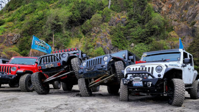 Jeeps Jeeping, flag, beach and trees