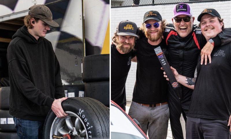 Two photos of Hoosier Tire employees at the track