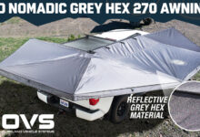 XD 270 Awning With Lights—Ultimate Shade in Blackout Grey Hex on trailer