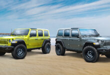 2022 Jeep Wrangler High Tide and 2022 Jeep Wrangler Jeep Beach models parked on beach