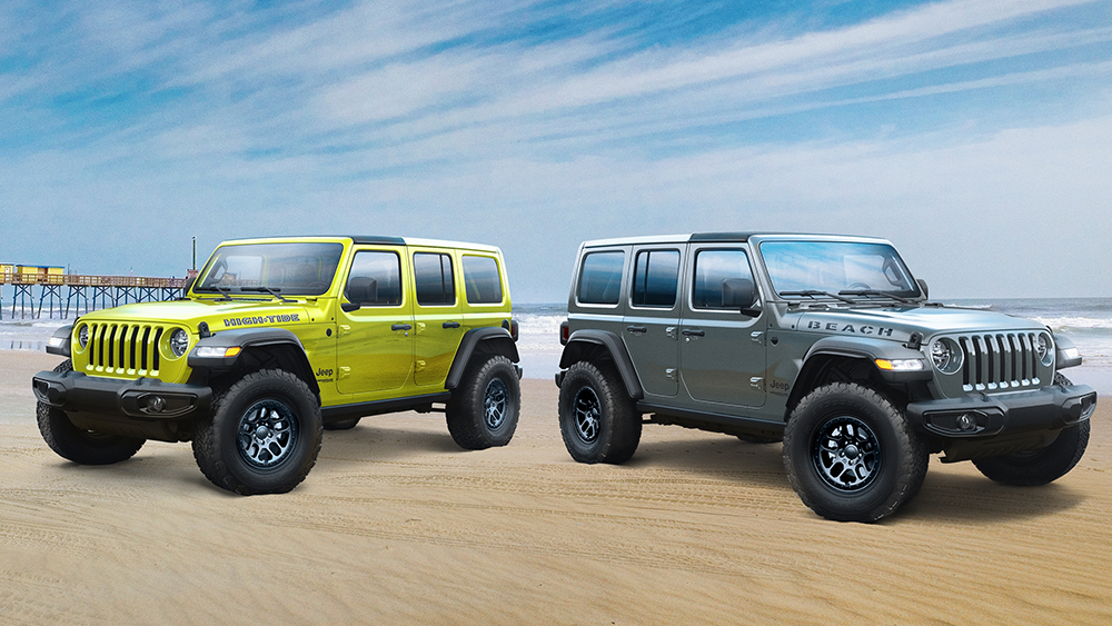 2022 Jeep Wrangler High Tide and 2022 Jeep Wrangler Jeep Beach models parked on beach