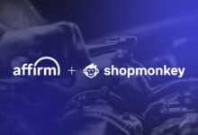 Affirm and Shopmonkey logos with person working on car engine in background