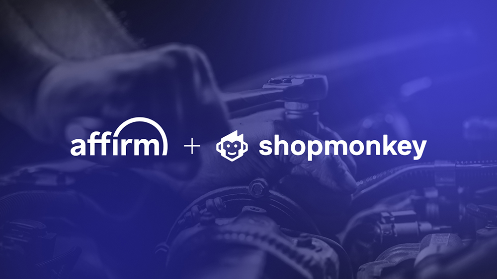 Affirm and Shopmonkey logos with person working on car engine in background
