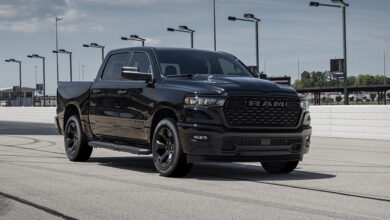 Black 2026 Ram 1500 HEMI V8 on racetrack