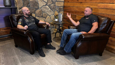 Buddy Hull and Matt Hagan during the filming of Talkin' Funny Cars with Buddy Hull.