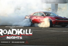 Car with smoking tires and Roadkill Nights event logo