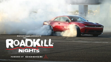 Car with smoking tires and Roadkill Nights event logo