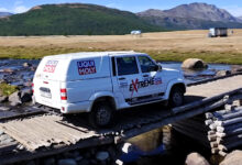 Driving over wooden bridge