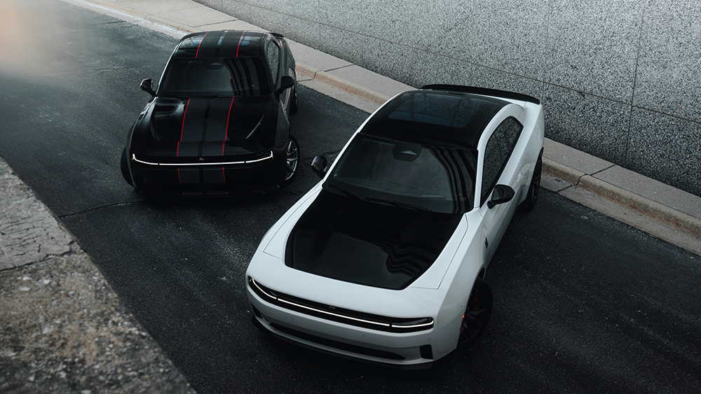 Fratzog dual stripes with red trim (left) and a gloss black painted hood (right) are new appearance options for 2026 two-door and four-door Charger Daytona models.