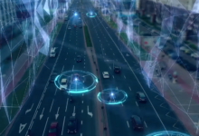 Graphic of cars on road using ADAS systems and autonomous driving