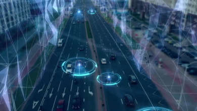 Graphic of cars on road using ADAS systems and autonomous driving