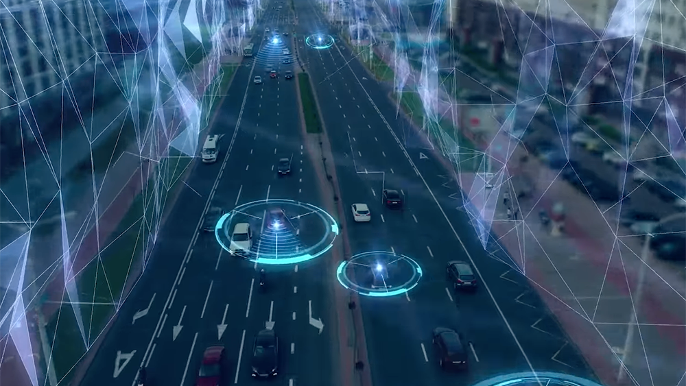 Graphic of cars on road using ADAS systems and autonomous driving