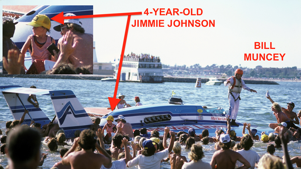 Four-year-old Jimmie Johnson sitting on the rear deck of the Blue Blaster at the Mission Bay hydroplane race in San Diego