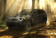 Blue Jeep Cherokee driving on rocky road
