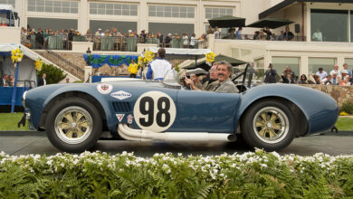 The 1965 Shelby Cobra 427 Prototype Competition Roadster of Harry Yeaggy crosses the awards ramp at the 2012 Pebble Beach Concours d'Elegance