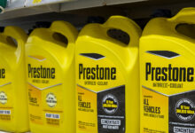 Prestone antifreeze bottles on shelf
