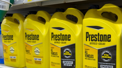 Prestone antifreeze bottles on shelf